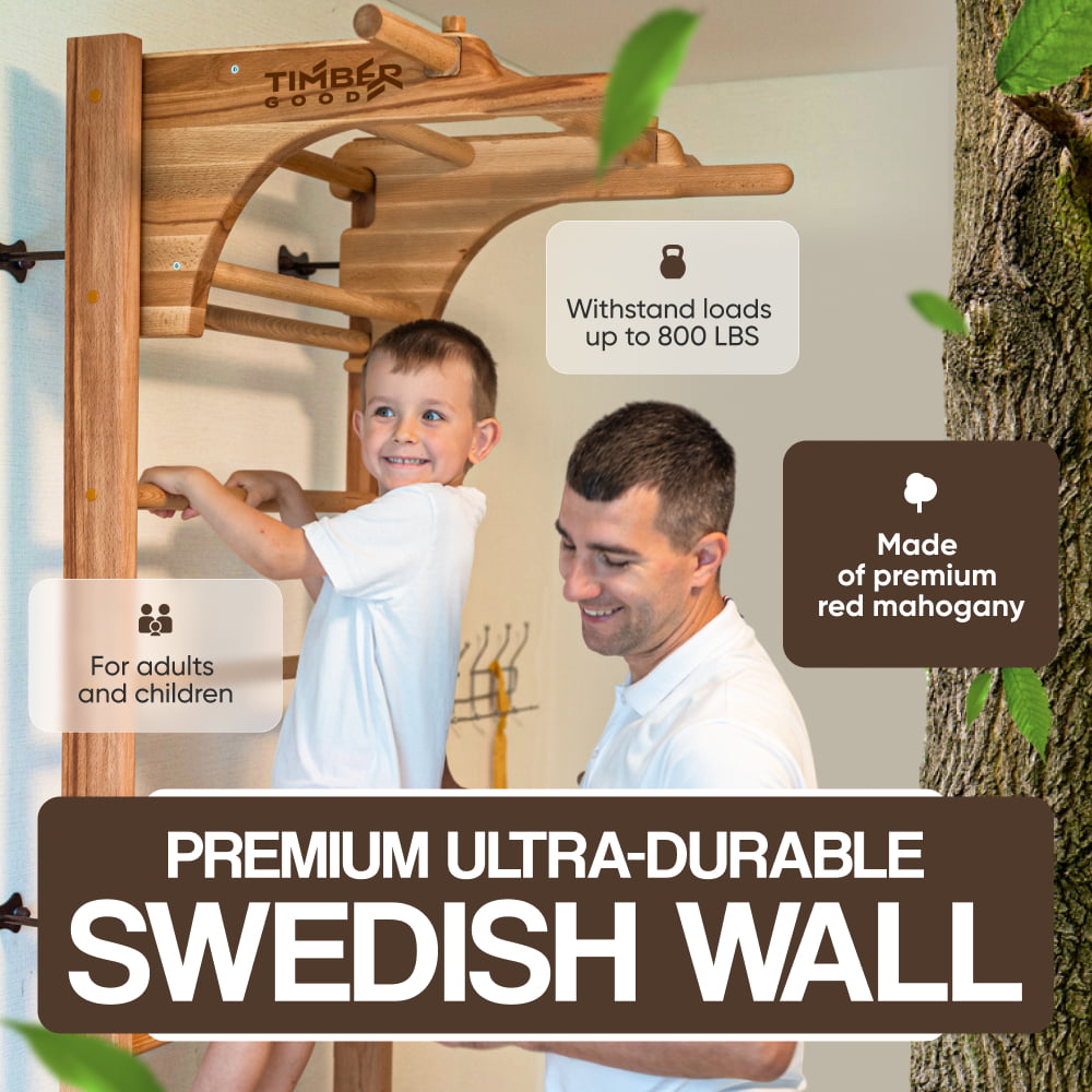 Wooden wall bars with removable Pull-Up Bar and Dip Bar