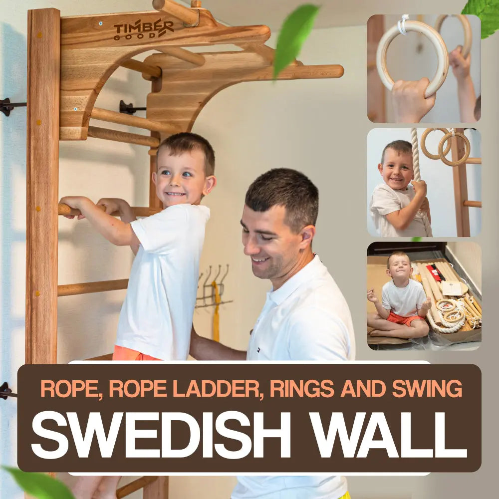 Swedish Ladder Set for Adults and Kids with a Rope, Rope Ladder, Rings and Swing vendor-unknown Wall bars